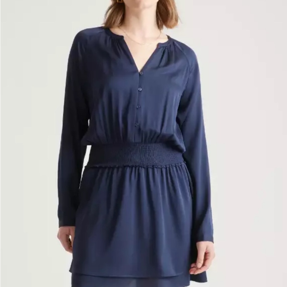 NWT **Black** Quince Washable Silk Long Sleeve tiered Dress
